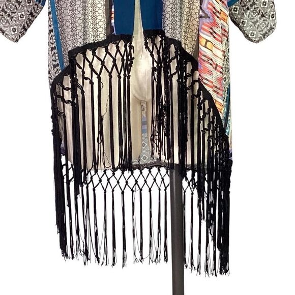 Flying Tomato Kimono Duster Women S Multicolor Aztec Western Fringe Boho Coverup - Picture 3 of 7